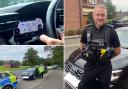 PC Ducky from the Roads Crime Team (R), police car driving up to 140mph on M6 (top left) and PC Simon Sweeney carrying out a stop and search in Preston (bottom left)