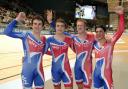 Geraint Thomas, Steven Burke, Ed Clancy and Peter Kennaugh celebrate team pursuit victory in Melbourne.