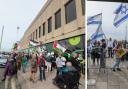 Pro-Palestine protesters outside Brighton Centre on left, and pro-Israel campaigners on the right