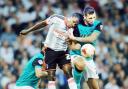 Shane Duffy challenges Hugo Rodallega on his full Rovers debut