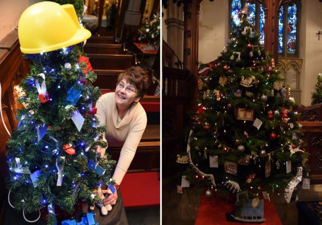 Joan Moss (L) looking at the builders tree from the last event. (R) One of the trees decorated by the church group