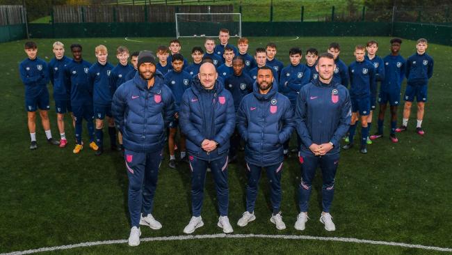 Left to right - Joleon Lescott, Tim Dittmer, Ashley Cole and Lee Carsley with the Burnley FC Shadow Youth Team.