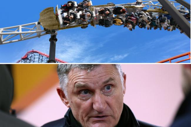 (top) Rollercoaster at Blackpool Pleasure Beach (bottom) Blackburn Rovers boss Tony Mowbray. Credit: PA