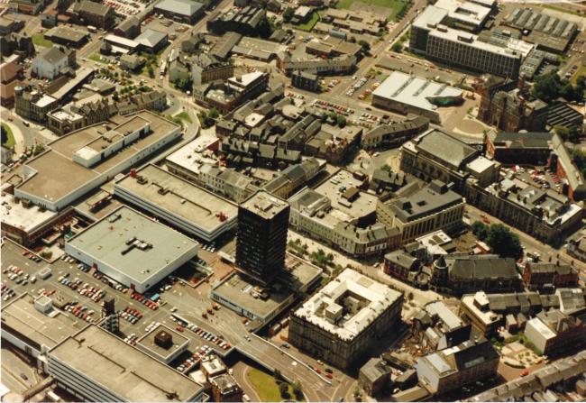Aerial view of Blackburn town centre, 1992
