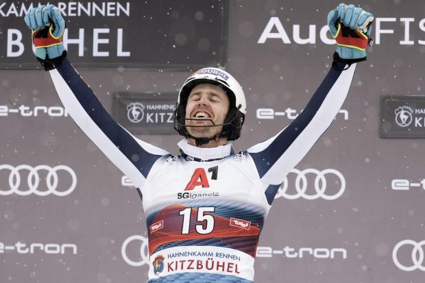 VICTORY: Dave Ryding celebrates winning an alpine ski, men's World Cup slalom, in Kitzbuehel, Austria