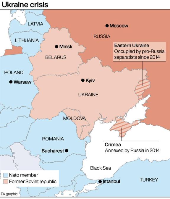 Lancashire Telegraph: Map outlining the Ukraine crisis. (PA) Lancashire Telegraph: Map outlining the Ukraine crisis. (PA)