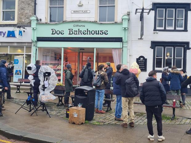 Lancashire Telegraph: Greatest Day film crews outside Doe Bakehouse in Clitheroe
