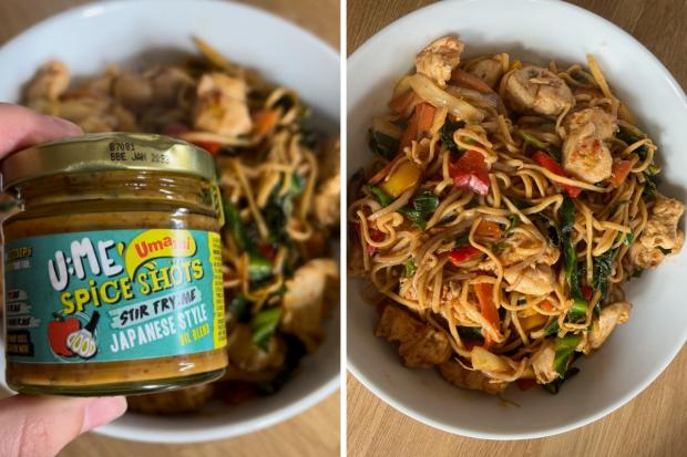 Lancashire Telegraph: (left) U:ME Japanese Style Spice Shot and (right) chicken stir fry. (Katie Collier/Canva)