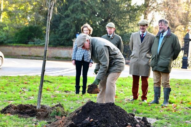 A GWCT tree planting featuring (l to r) Teresa Dent CBE (GWCT Chief Executive, HRH The Prince of Wales, Hugh Oliver-Bellasis, James Keith and James Bowdidge