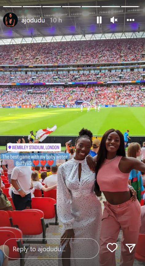 Lancashire Telegraph: AJ Odudu (right) with her sister 'Sunshine Ufuoma' at Wembley Stadium