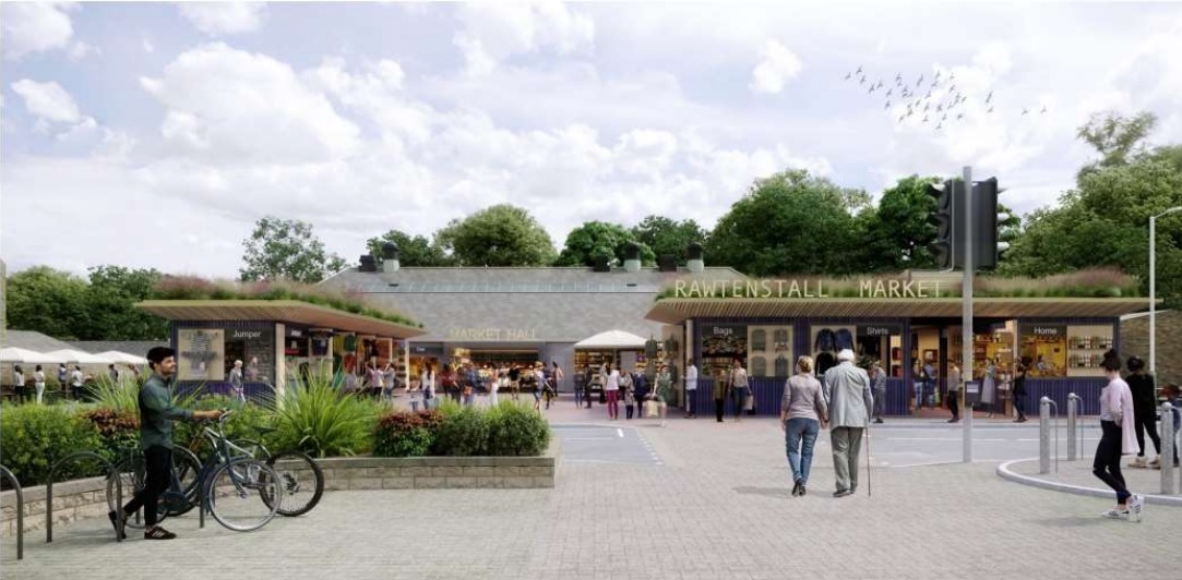 Rawtenstall Market Hall view. Daylight scene. Image from Rossendale Council report on Levelling-Up bid August 2022. 