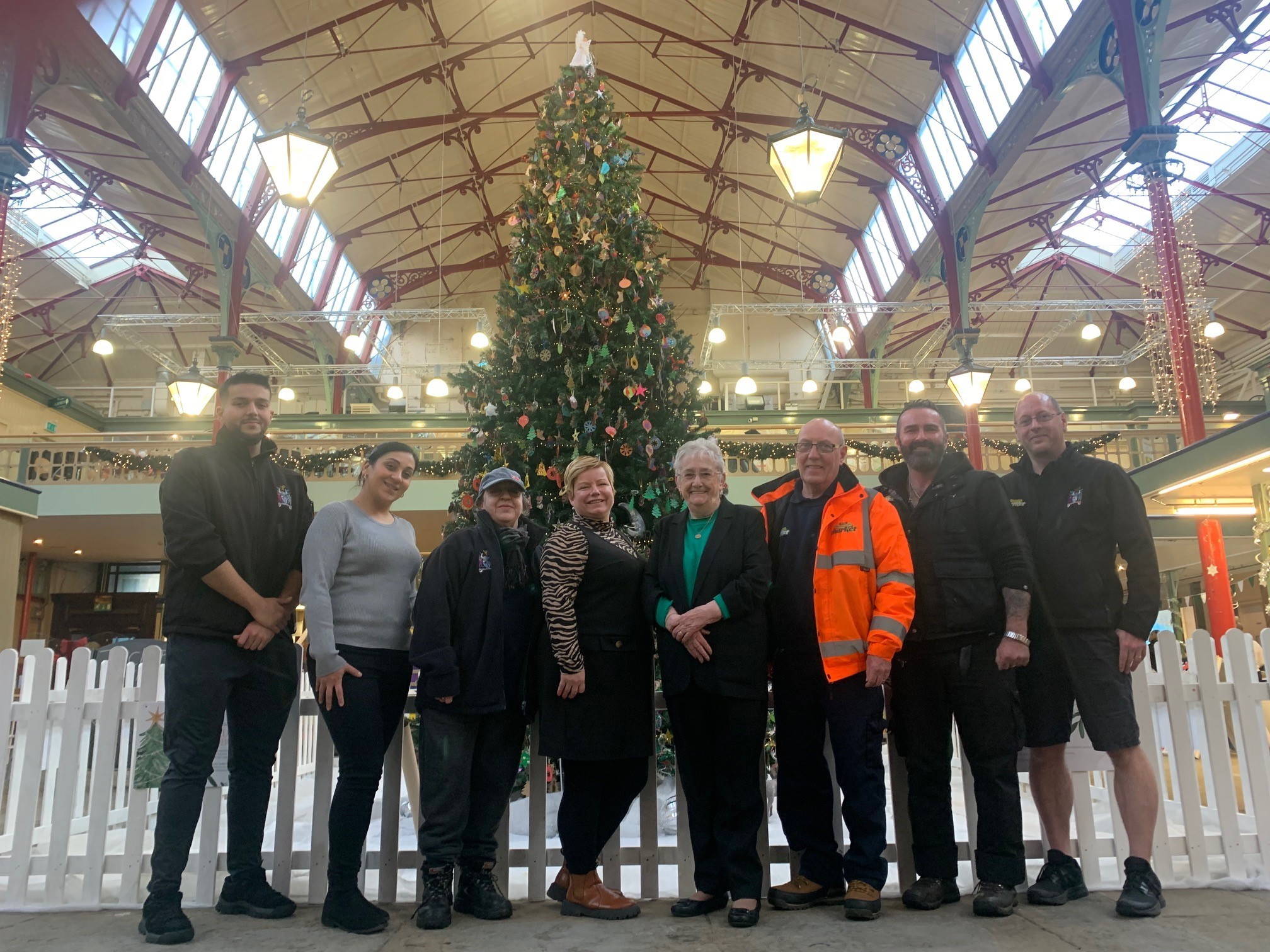 Accrington Market Hall Christmas tree decorated by children