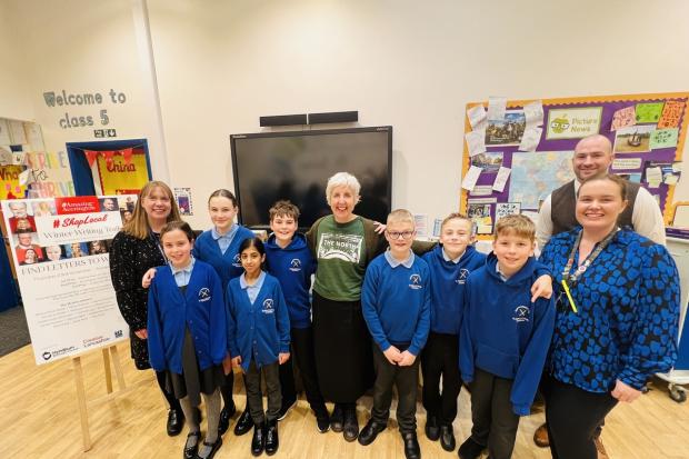 Actor Julie Hesmondhalgh visited St Andrew's CE Primary School to meet students who have entered the Winter Writing Trail competition in Amazing Accrington