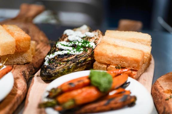 Lancashire Telegraph: Gazegill organic sirloin with bone marrow and truffle jus, aged beef fat 'Chips' BBQ organic carrots, salsa verde,wood roast hispi cabbage and soured cream and chive.' Lancashire Telegraph: Gazegill organic sirloin with bone marrow and truffle jus, aged beef fat 'Chips' BBQ organic carrots, salsa verde,wood roast hispi cabbage and soured cream and chive.'