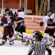 Tempers flare in the clash between Blackburn Hawks and Whitley Warriors at Blackburn Arena at the weekend. Picture: STEVE POLLITT