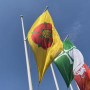 The Lancashire flag on display in Parliament Square