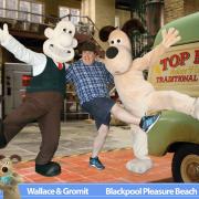 Peter Kay posing with Wallace and Gromit (Photo: Twitter @blackpoolpleasurebeach)