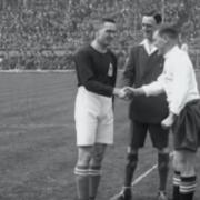 The captains shake hands before trhe 1928 FA Cup final between Blackburn Rovers and Huddersfield