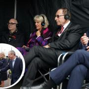The Duchess of Cornwall with Peter James, and Nelson's John Simm watch filming in progress (Gareth Fuller/PA)