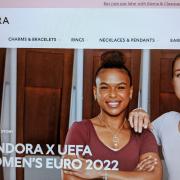 Photo of the Pandora website shows the UEFA Women's Euro 2022 collection page.