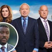 Karren Brady, Lord Sugar and Claude Littner from The Apprentice. Inset: Aaron Willis. (Credit: BBC/PA).