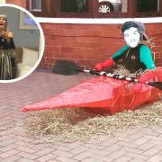 A Jordan North scarecrow made for Worsthorne Scarecrow Festival. Inset is Ruth Davies.