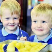 TUCKING IN: Twins James and Christopher Broome from Whalley Primary School
