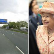 Junction 32 of the M6 motorway on the southbound carriageway and Queen Elizabeth II