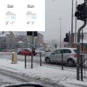 Snow in Blackburn. Inset is The Weather Channel's weekly forecast for Blackburn with Darwen