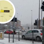 Snow in Blackburn. Inset is Met Office yellow weather warning.