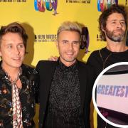 Mark Owen, Gary Barlow, and Howard Donald of Take That. Inset is the private screening of Greatest Days.