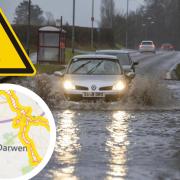 Generic image of a flooded road. Inset is a flood alert map, which includes Darwen, Blackburn, Preston, Walton-Le-Dale, Pleasington and Higher Walton