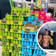 Prime Hydration drinks being sold in a shop. Inset are creators KSI and Logan Paul