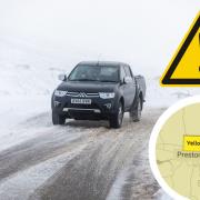 A generic image of an icy road. Inset is a yellow weather warning for ice