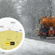 Main: A gritter on an icy road. Inset: A weather warning for Blackburn