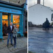 Left is Steve and Wendy Middleton outside the redecorated 1832 Barista. Right is Brassic cast filming in Bury