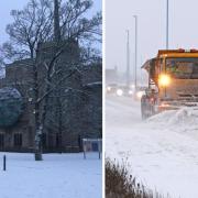 Left is Blackburn Cathedral when the Beast from the East hit Lancashire in 2018. Right is generic image of snow plough on motorway