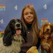 Chloé Fuller with her support dogs Ted and Cinna, on the set of Channel 4's Steph's Packed Lunch