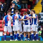 Rovers players celebrate Harry Pickering's goal
