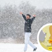 Generic image of a person in the snow. Inset is Met Office amber and yellow weather warning map