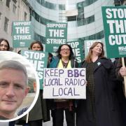 NUJ members at the BBC on the picket line at Broadcasting House in central London. Inset is Radio Lancashire host Graham Liver