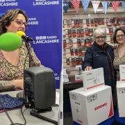Gemma Allen on BBC Radio Lancashire (left) and Gemma and Joan picking up sewing machines (right)