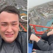 Leo McMullin (left) got stuck on top of The Big One in Blackpool