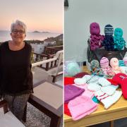 Denise (L) and the first parcel of knitted toys and hats for Turkey earthquake victims (R)