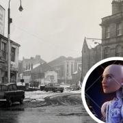 Water Street, Blackburn 1960s. Inset is stock photo of AI person.