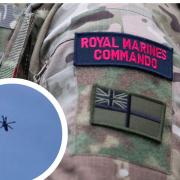Royal Marines badge. Inset is Merlin Mk4 helicopter flying over Darwen