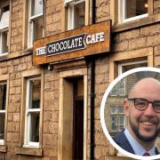 The Chocolate Cafe in Ramsbottom. Inset photo of Cllr Tom Pilkington