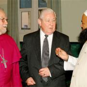 COMING TOGETHER Lord Clarke speaks with Bishop of Burnley John Goddard, left, and Muhammad Sher Ali Miah at a meeting in the town