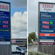 The price at which fuel is being sold this week in Blackburn (left) and the Burnley Tesco forecourt.
