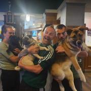 Dog-friendly - Marie with Rouge, Dave with Rebel and Kian (landlord) with the pub dog Pepsi